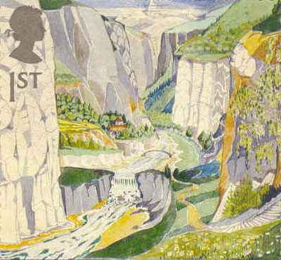 Stamp showing Queen's profile above landscape of Tolkien's Rivendell
