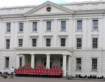 Georgian building and red-coated Foot Guards