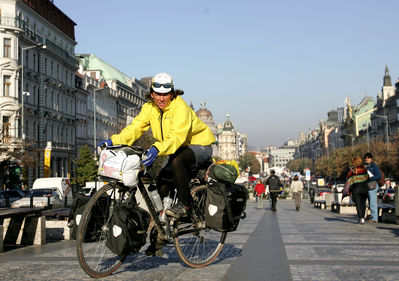 Susanna Thornton riding her bike through Hungary