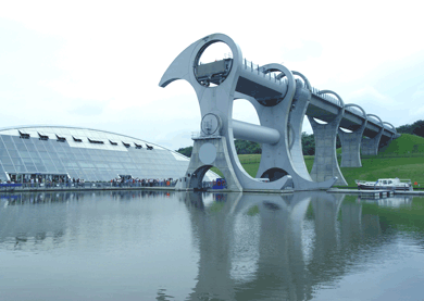 The huge Falkirk Wheel, looking like a series of battleaxes