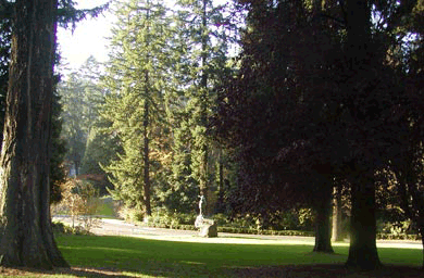 Washington Park, Portland, Oregon, with big trees, sweeping lawns, and a sculpture of Sacajawea pointing west
